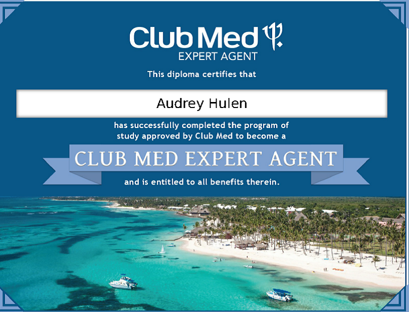 Club Med Certificate for Audrey Hulen